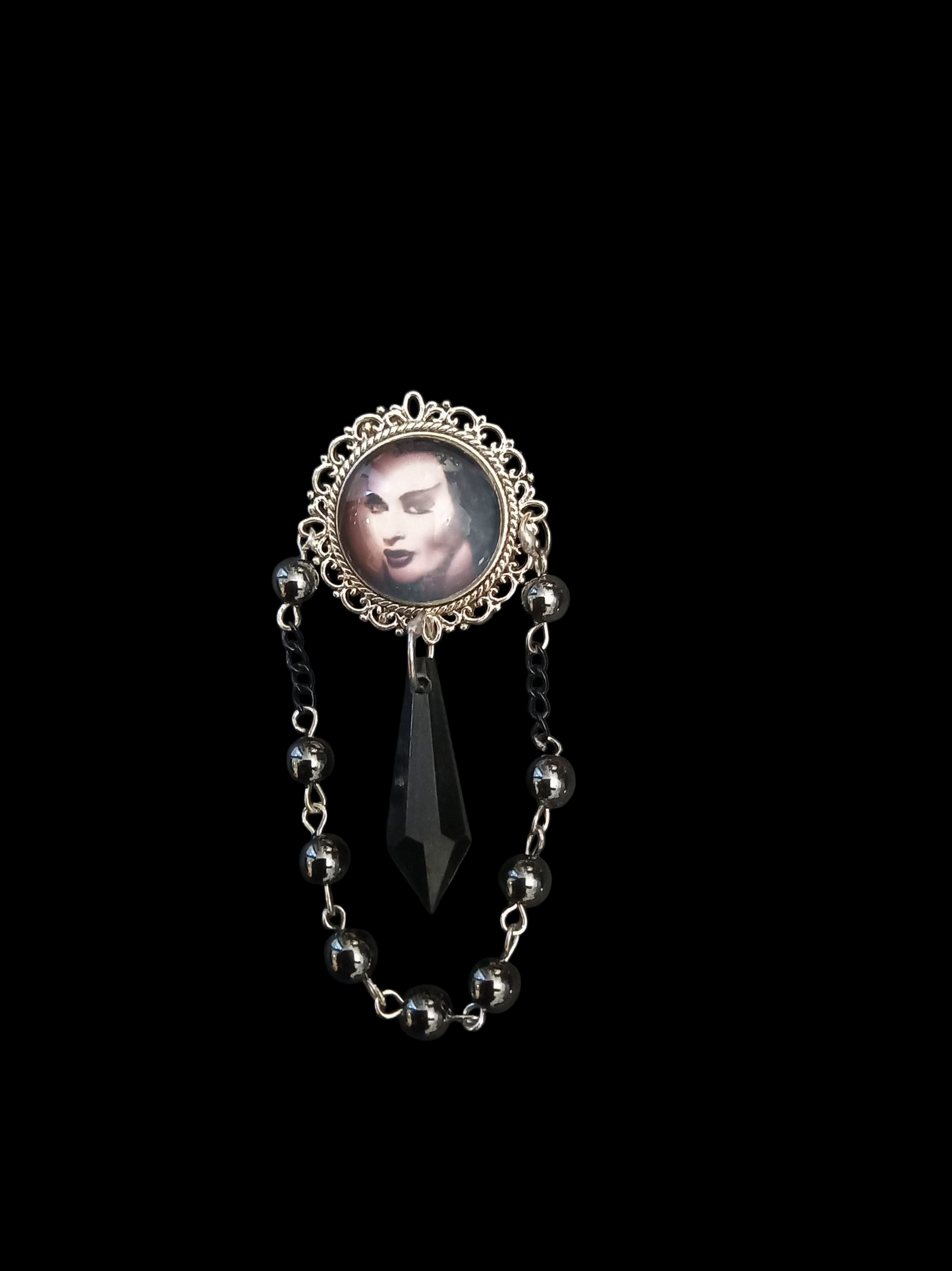 Goth Gothic Witchy Psychobilly Alternative horror inspired "Gothic bride" ornate brooch/pin broach with black crystal and rosary chain