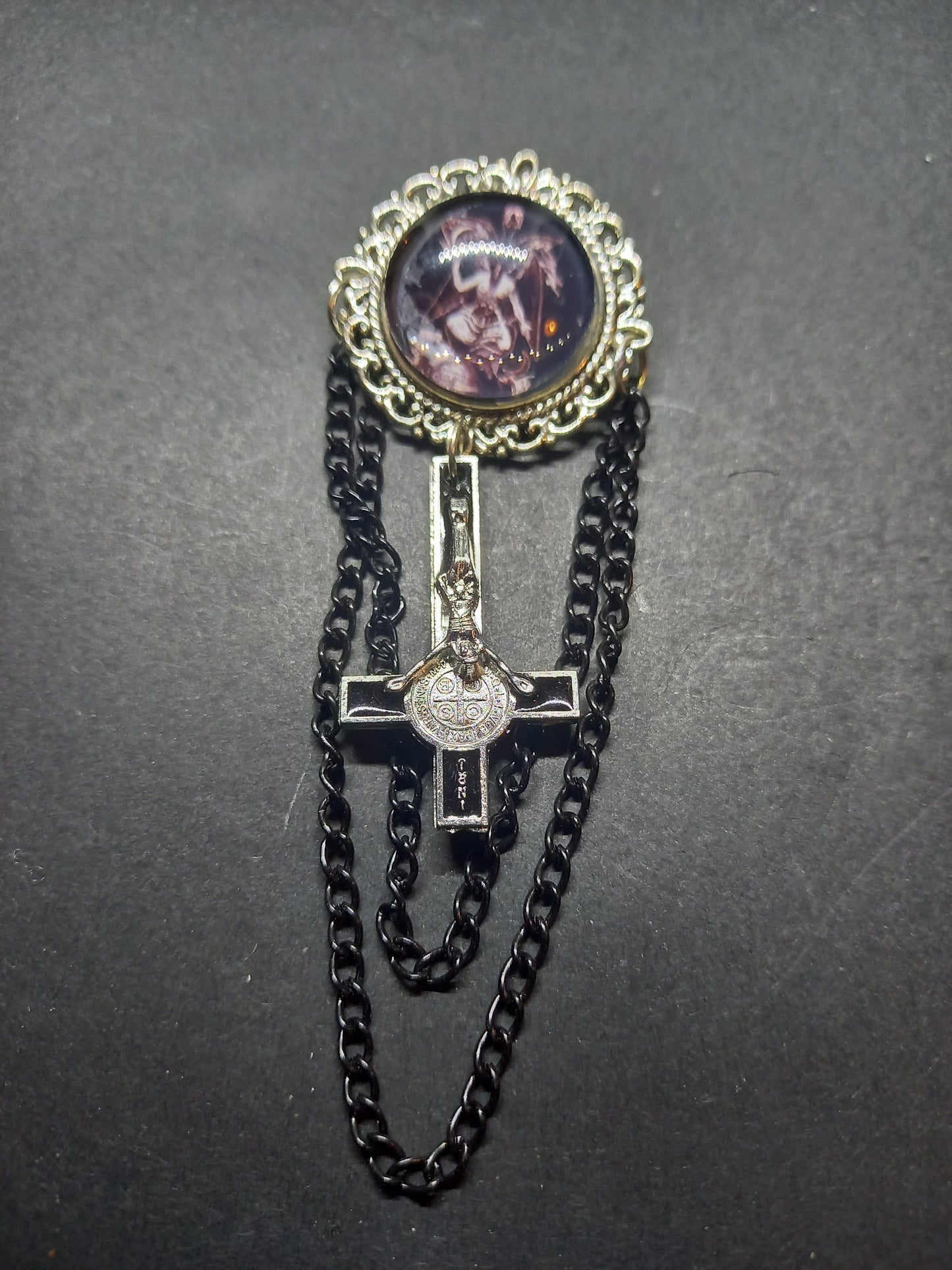 Oddity curiosity goth gothic witchy killstar magic magick occult occultist " Ornate Satanic Baphomet Brooch" with chains and inverted crucifix