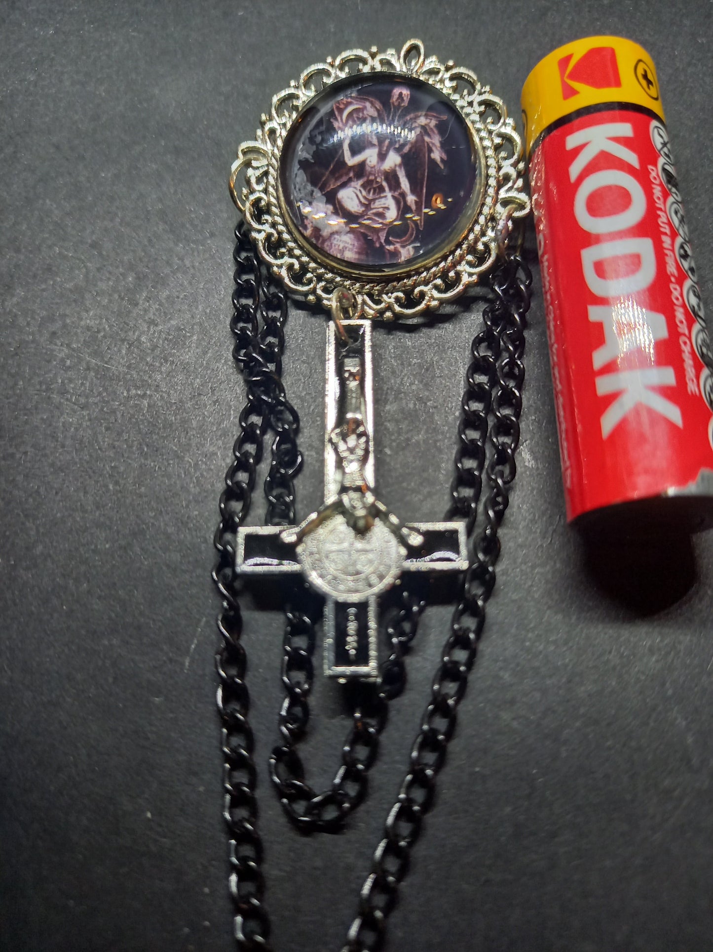 Oddity curiosity goth gothic witchy killstar magic magick occult occultist " Ornate Satanic Baphomet Brooch" with chains and inverted crucifix