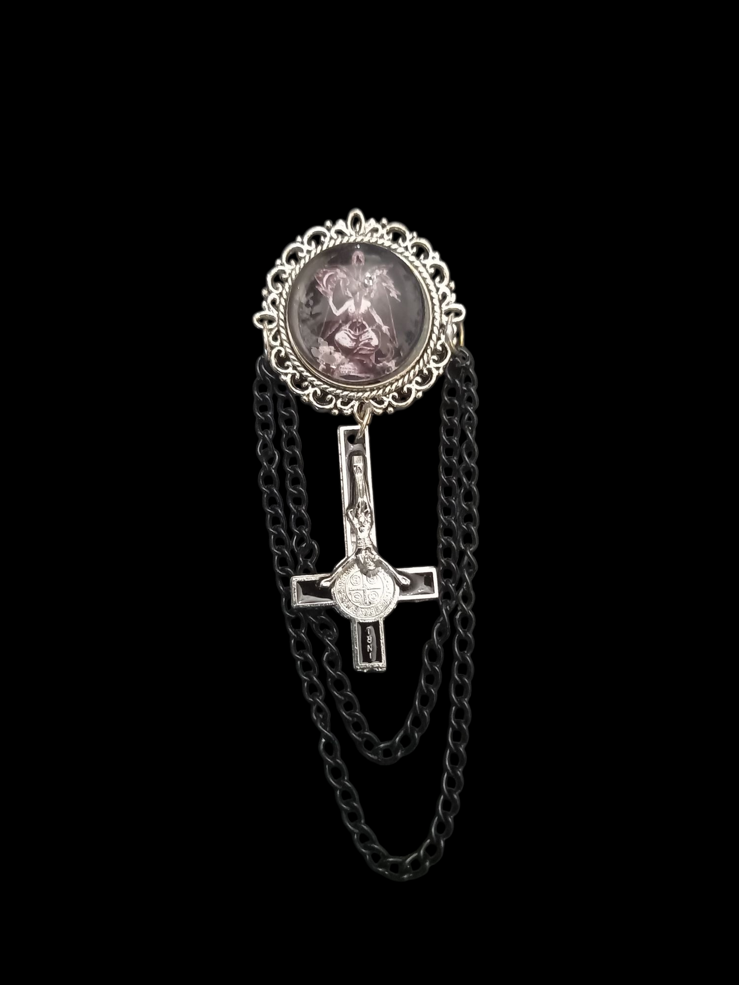 Oddity curiosity goth gothic witchy killstar magic magick occult occultist " Ornate Satanic Baphomet Brooch" with chains and inverted crucifix