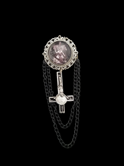 Oddity curiosity goth gothic witchy killstar magic magick occult occultist " Ornate Satanic Baphomet Brooch" with chains and inverted crucifix