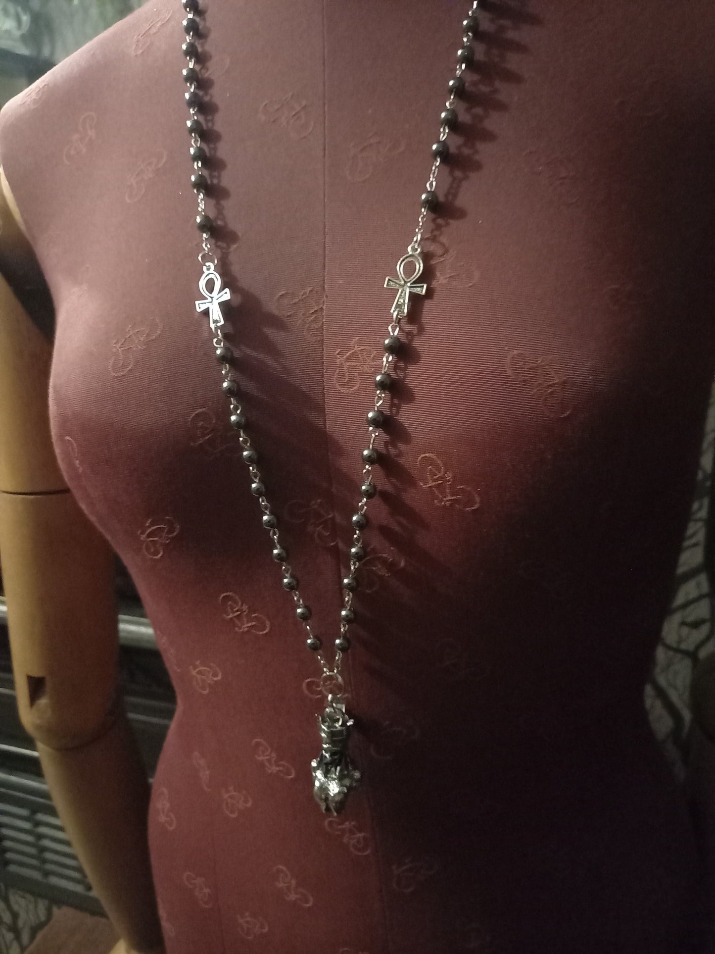 Goth Gothic Witchy Egyptian "Female Skull Pharaoh " rosary with ankh details