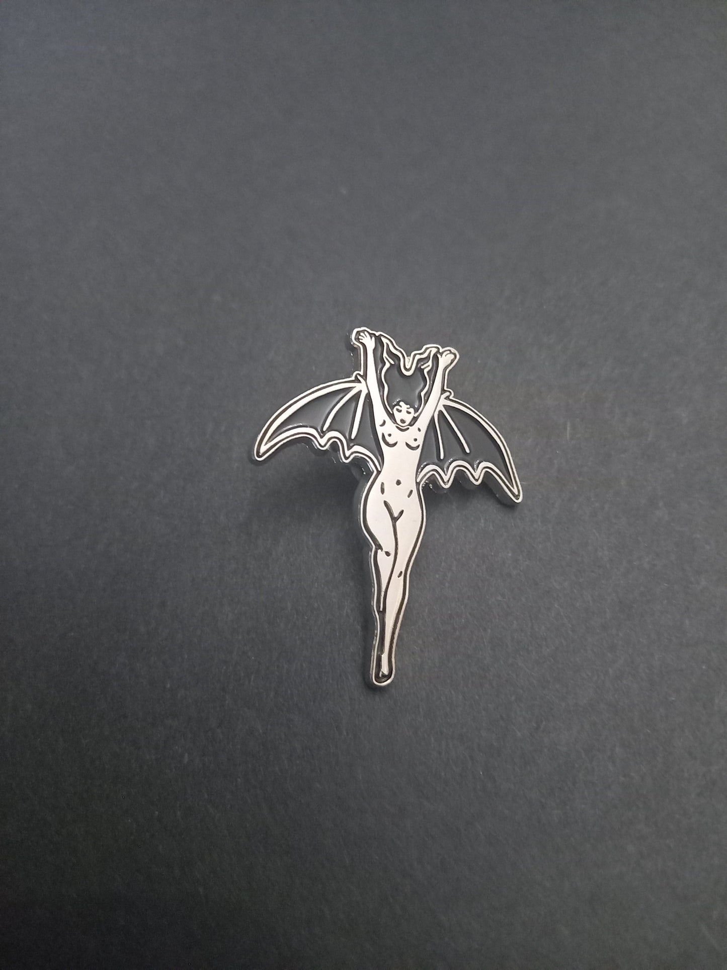 Occult Satanic large black and silver enamel "Lilith/Bat woman" inspired pin badge