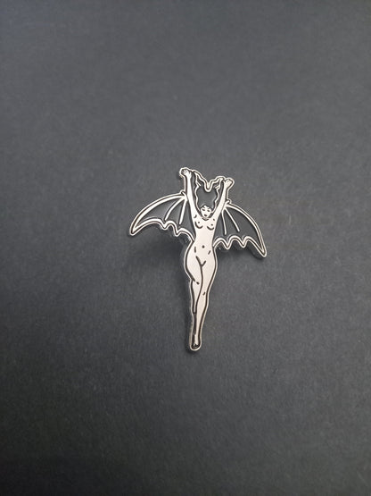 Occult Satanic large black and silver enamel "Lilith/Bat woman" inspired pin badge