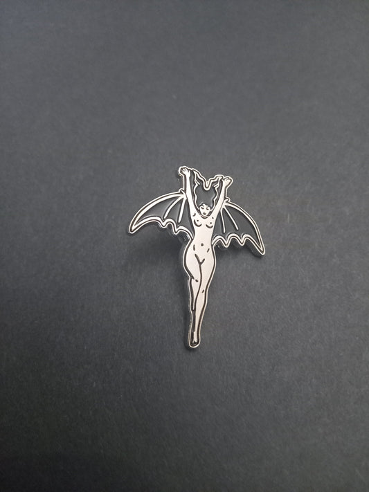 Occult Satanic large black and silver enamel "Lilith/Bat woman" inspired pin badge