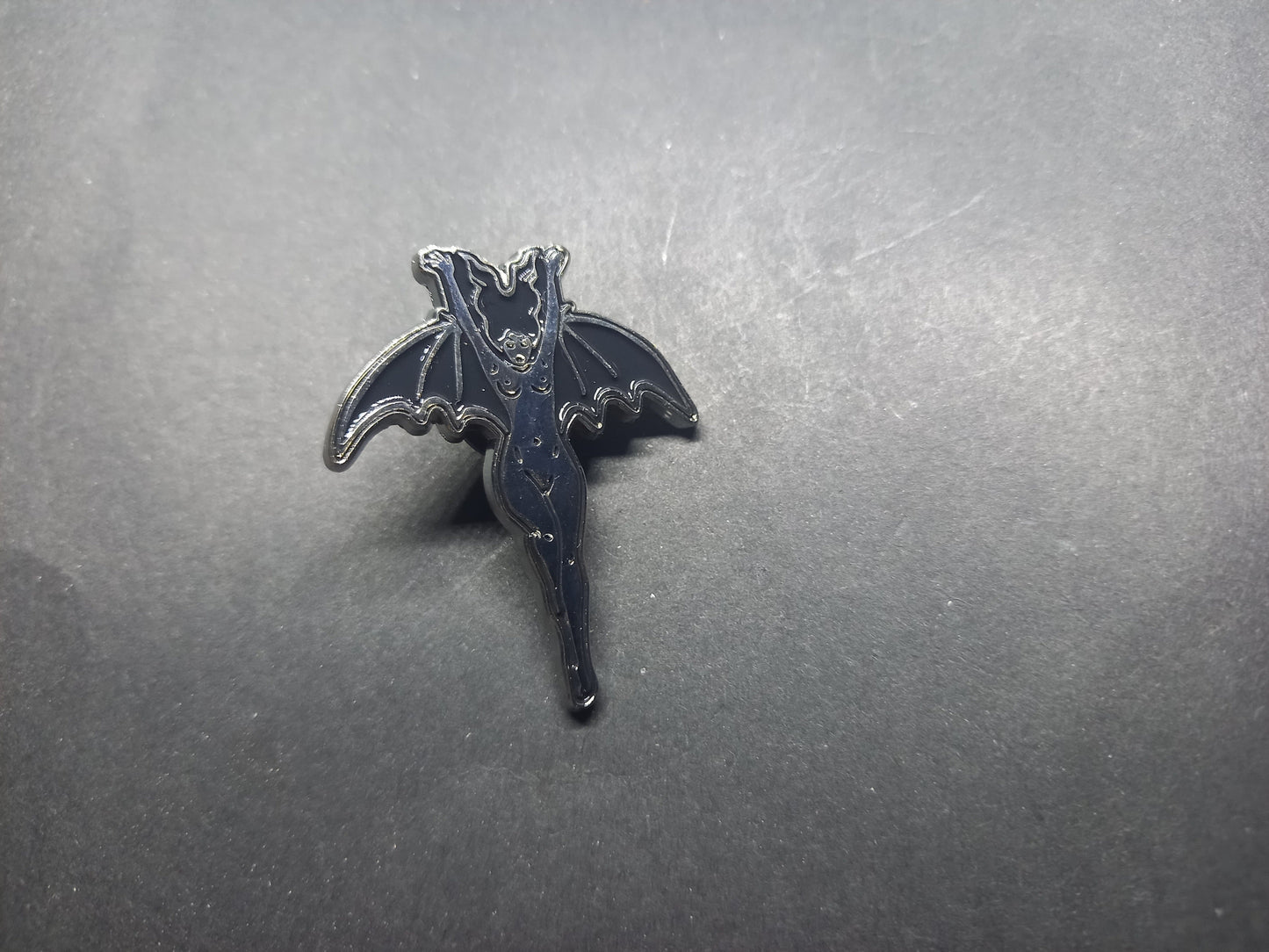 Occult Satanic large black and silver enamel "Lilith/Bat woman" inspired pin badge