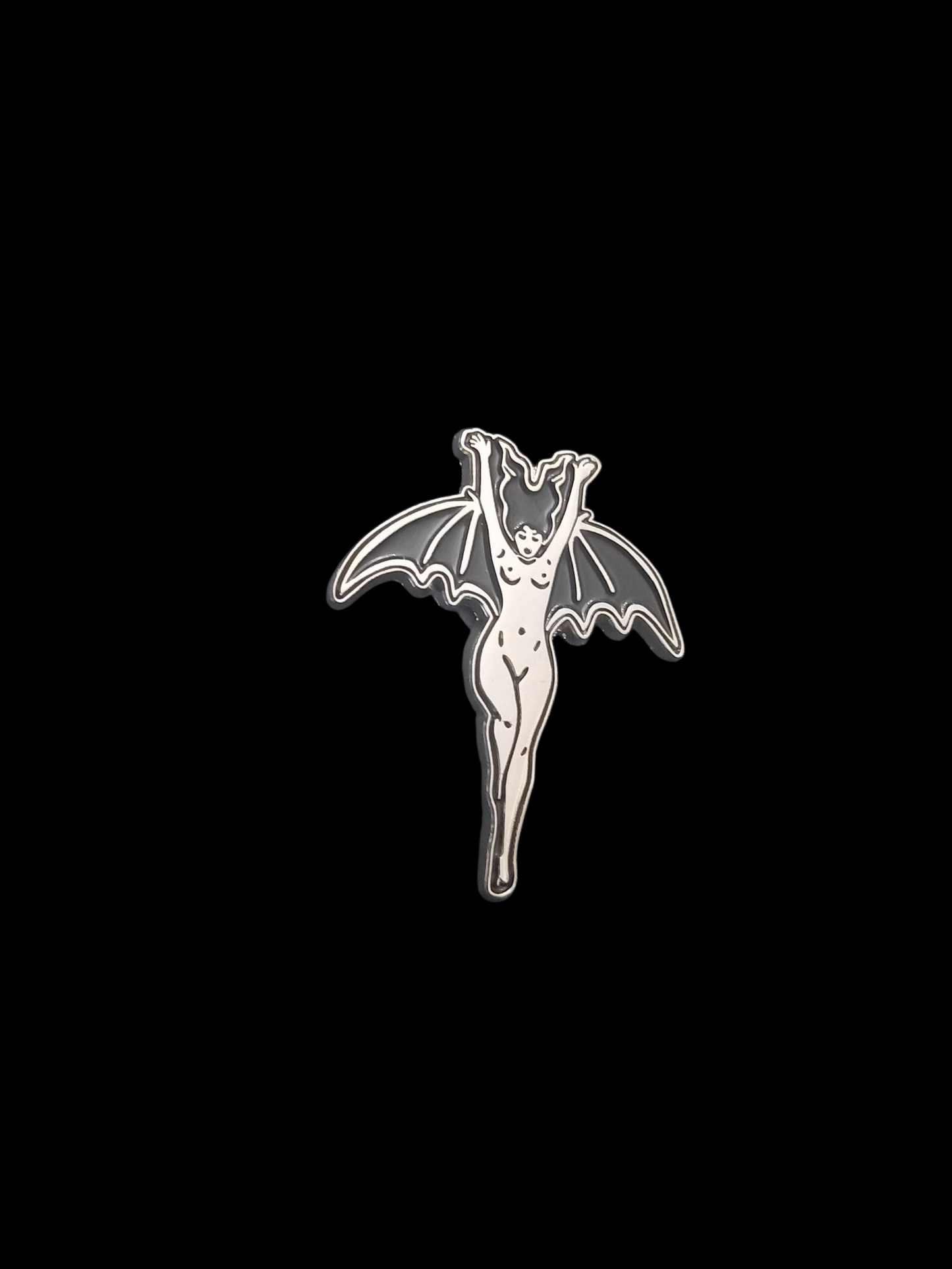Occult Satanic large black and silver enamel "Lilith/Bat woman" inspired pin badge