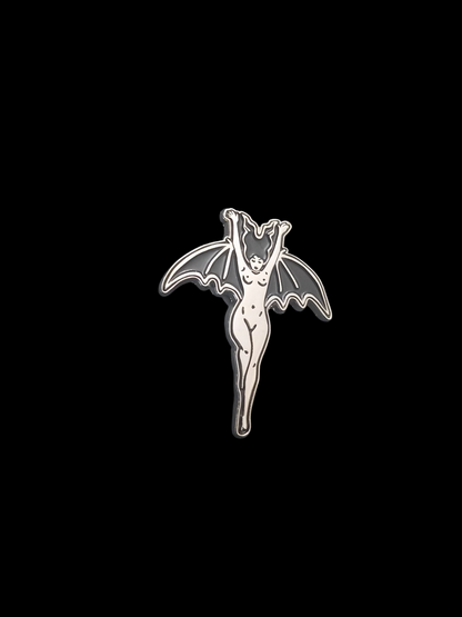 Occult Satanic large black and silver enamel "Lilith/Bat woman" inspired pin badge