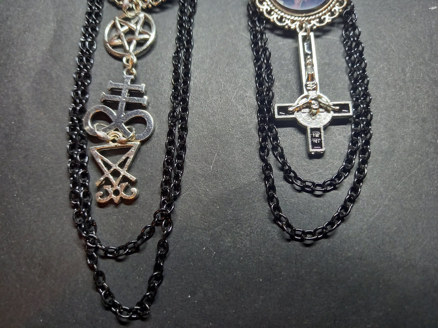 Goth Gothic Occult  Satanic Tiki Lounge inspired " Ornate Satanic Brooch" with chains and inverted crucifix or satanic trinity details