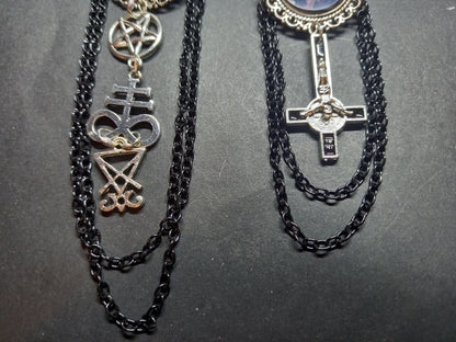 Goth Gothic Occult  Satanic Tiki Lounge inspired " Ornate Satanic Brooch" with chains and inverted crucifix or satanic trinity details