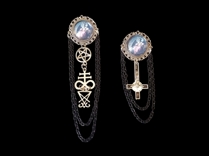 Goth Gothic Occult  Satanic Tiki Lounge inspired " Ornate Satanic Brooch" with chains and inverted crucifix or satanic trinity details