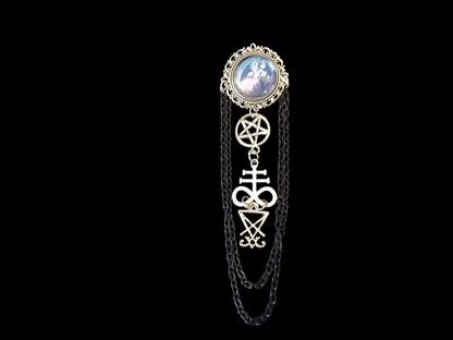 Goth Gothic Occult  Satanic Tiki Lounge inspired " Ornate Satanic Brooch" with chains and inverted crucifix or satanic trinity details