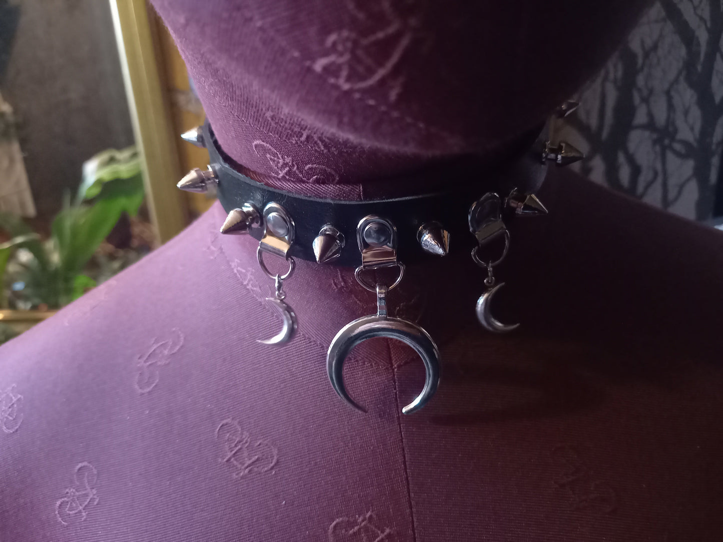 Goth Gothic Witchy fashion Occult satanic Pagan Wicca Black Faux Leather 10 spiked Collar with 3 crescent moon details