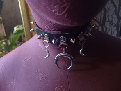 Goth Gothic Witchy fashion Occult satanic Pagan Wicca Black Faux Leather 10 spiked Collar with 3 crescent moon details