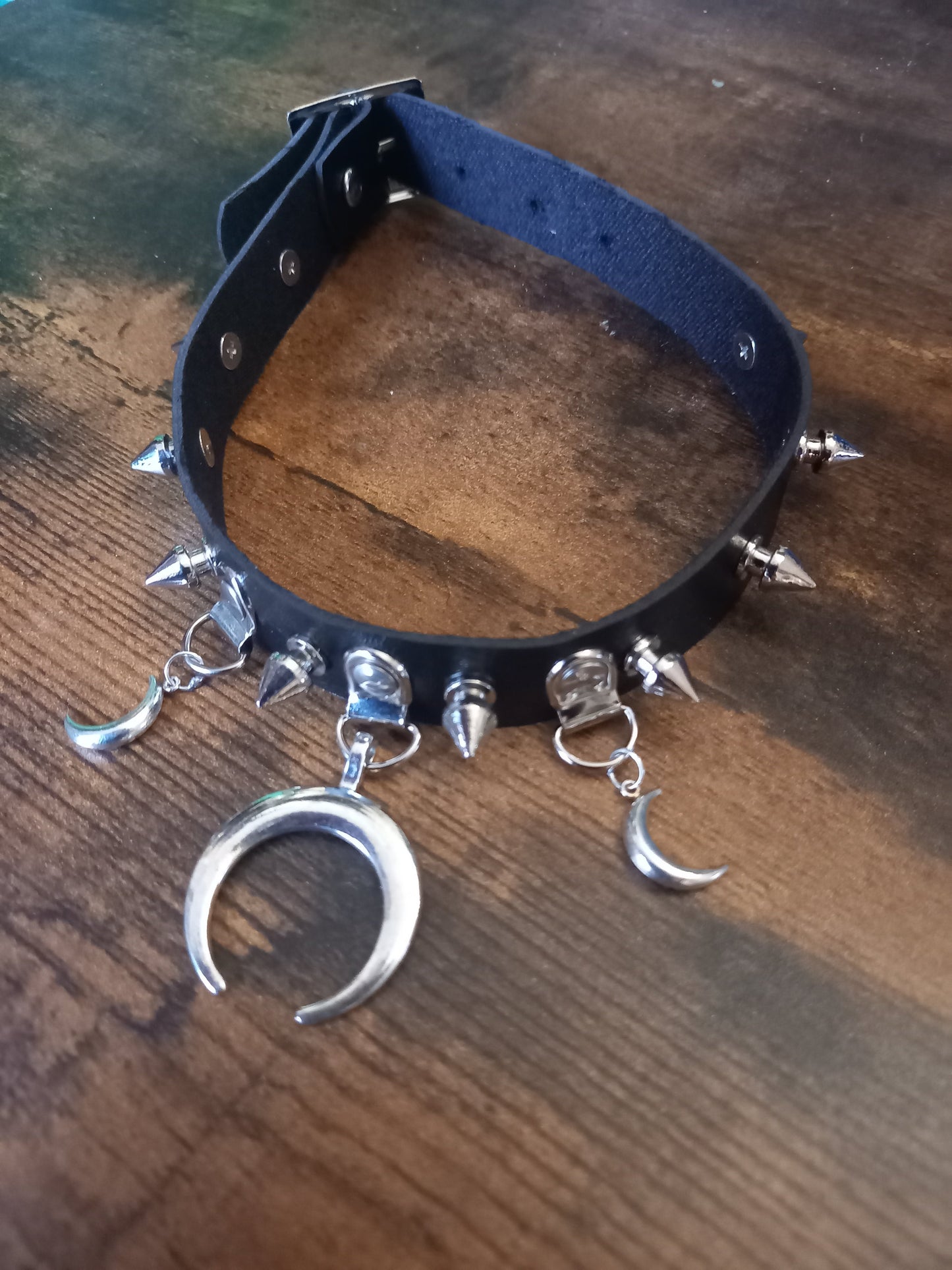 Goth Gothic Witchy fashion Occult satanic Pagan Wicca Black Faux Leather 10 spiked Collar with 3 crescent moon details