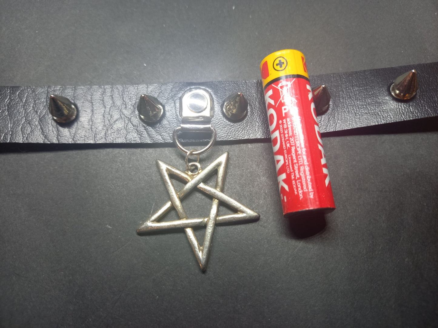 Goth Gothic Witchy fashion Occult satanic Pagan Wicca Black Faux Leather 10 spiked Collar with inverted Pentagram