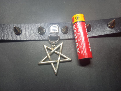 Goth Gothic Witchy fashion Occult satanic Pagan Wicca Black Faux Leather 10 spiked Collar with inverted Pentagram