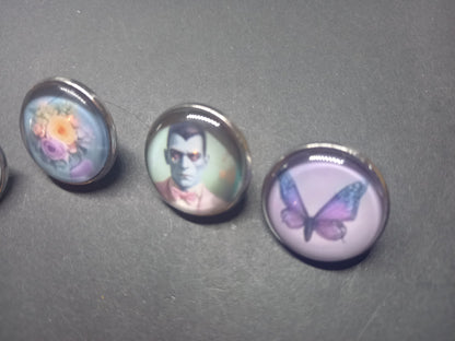 Goth Gothic alternative Psychobilly Tiki inspired "Frank & Drac" 5 badge set