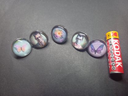 Goth Gothic alternative Psychobilly Tiki inspired "Frank & Drac" 5 badge set