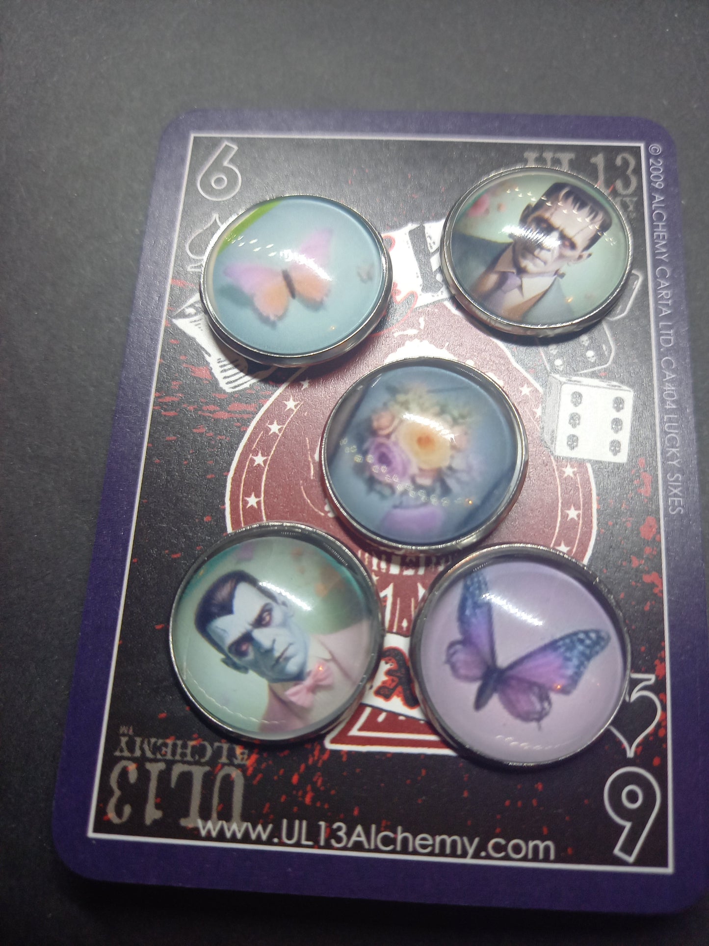 Goth Gothic alternative Psychobilly Tiki inspired "Frank & Drac" 5 badge set