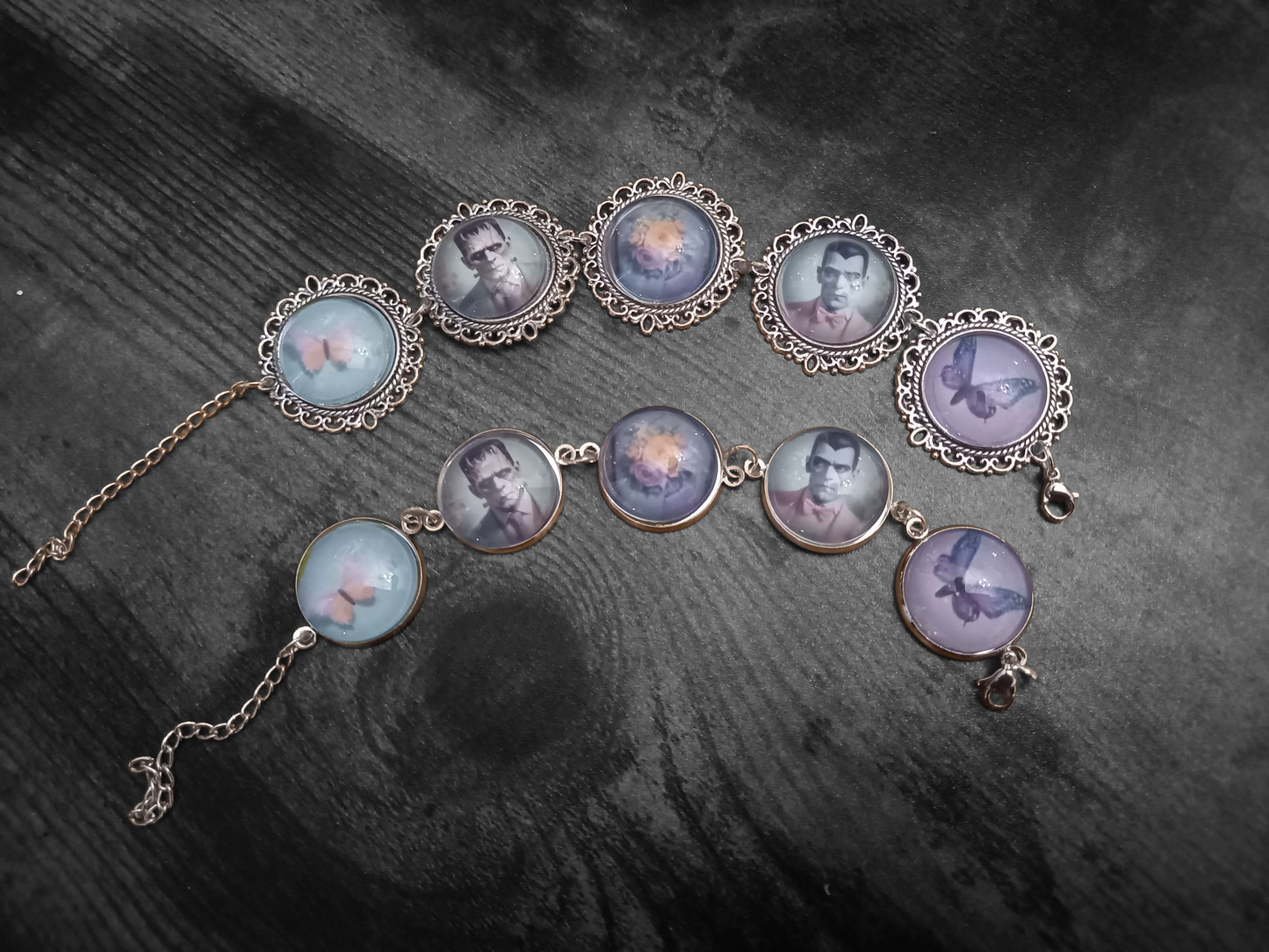 Bracelets , Tiki inspired "Frank & Drac" : Goth Gothic alternative Psychobilly