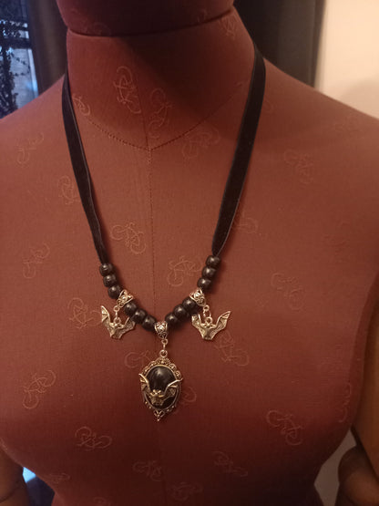 Goth Gothic Witchy vampire "Ornate open wing bat with matching bat charms and skull beads"on Black velvet Ribbon Choker
