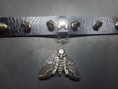 Kawaii Pastel Nu Goth Gothic Witchy witchcraft Occult Pagan Wicca Black Metal UNISEX Death Head Moth Black Faux Leather 10 Spiked Collar V2