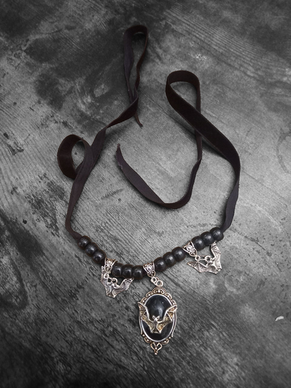 Goth Gothic Witchy vampire "Ornate open wing bat with matching bat charms and skull beads"on Black velvet Ribbon Choker