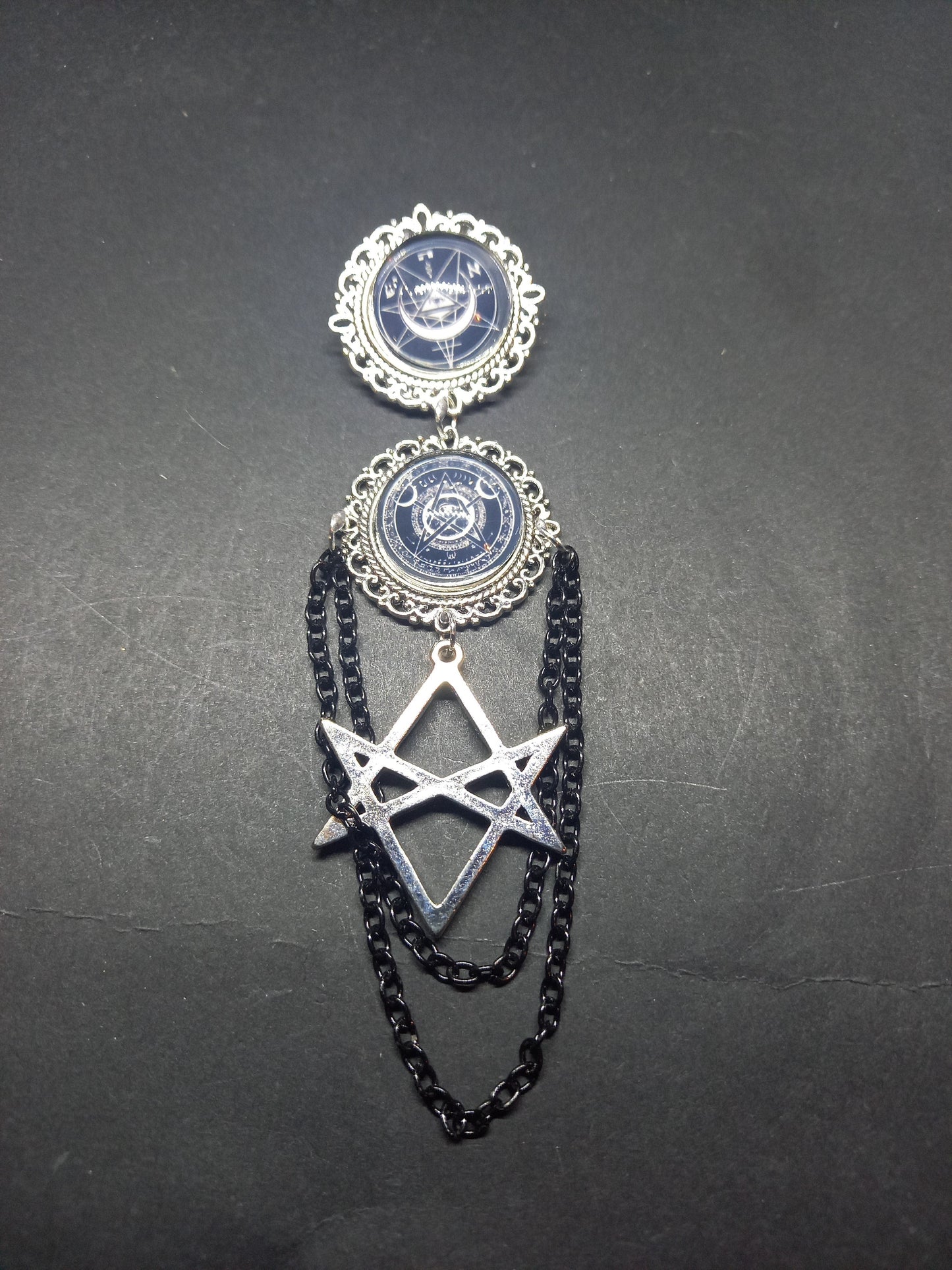 Goth Gothic Old School 1980's alternative " Nephilim inspired double image Ornate Brooch"  with chains and unicursal hexagram