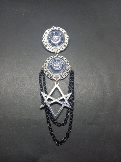 Goth Gothic Old School 1980's alternative " Nephilim inspired double image Ornate Brooch"  with chains and unicursal hexagram