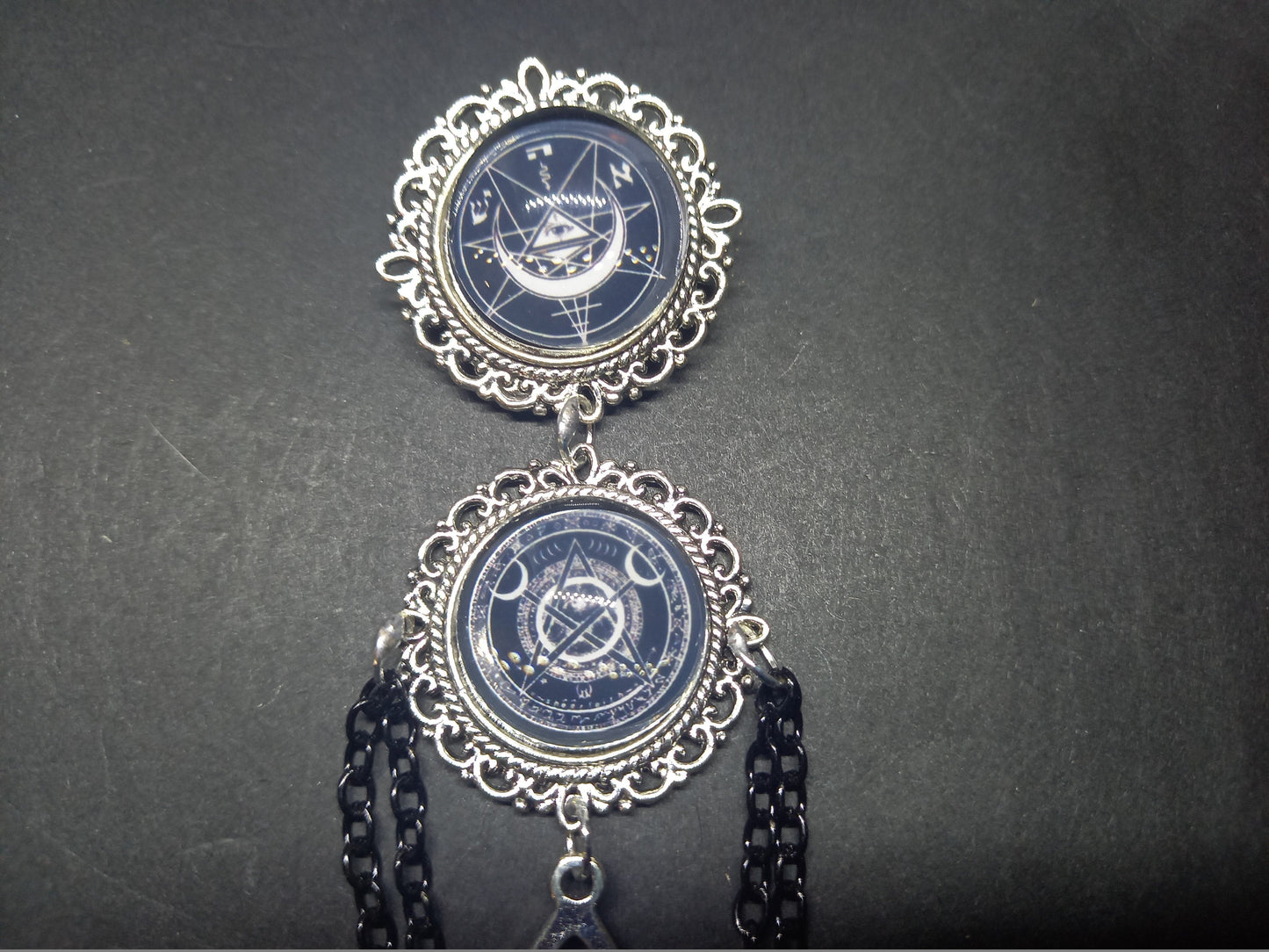 Goth Gothic Old School 1980's alternative " Nephilim inspired double image Ornate Brooch"  with chains and unicursal hexagram
