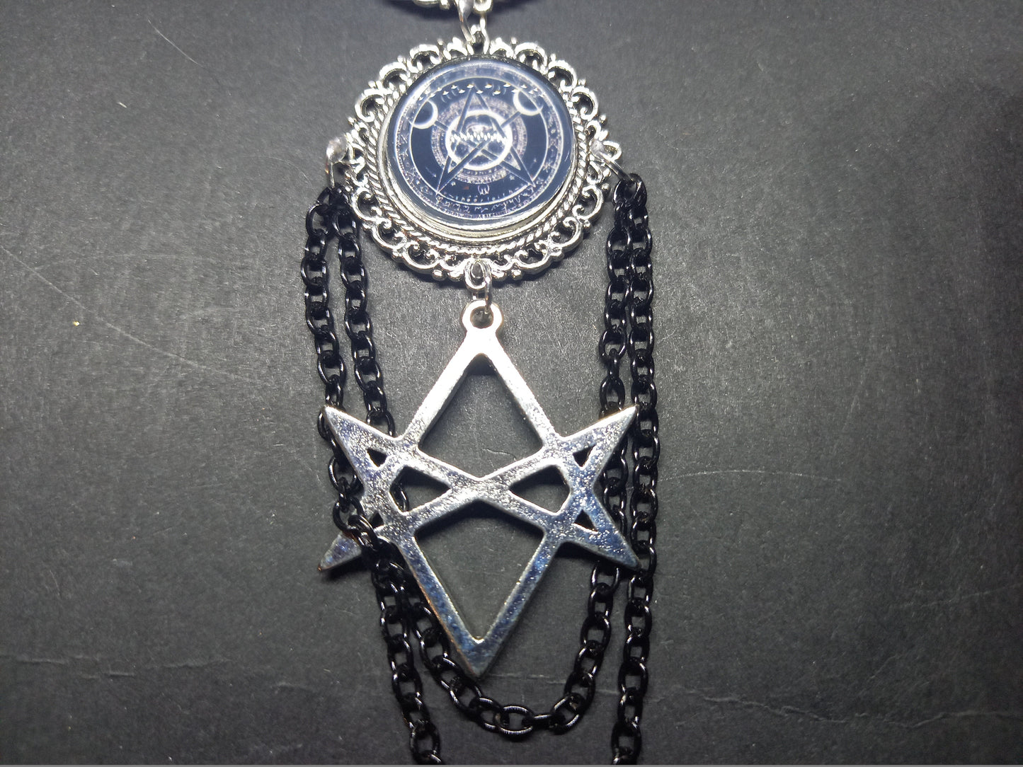 Goth Gothic Old School 1980's alternative " Nephilim inspired double image Ornate Brooch"  with chains and unicursal hexagram