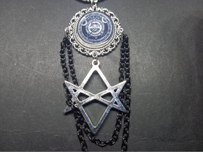 Goth Gothic Old School 1980's alternative " Nephilim inspired double image Ornate Brooch"  with chains and unicursal hexagram