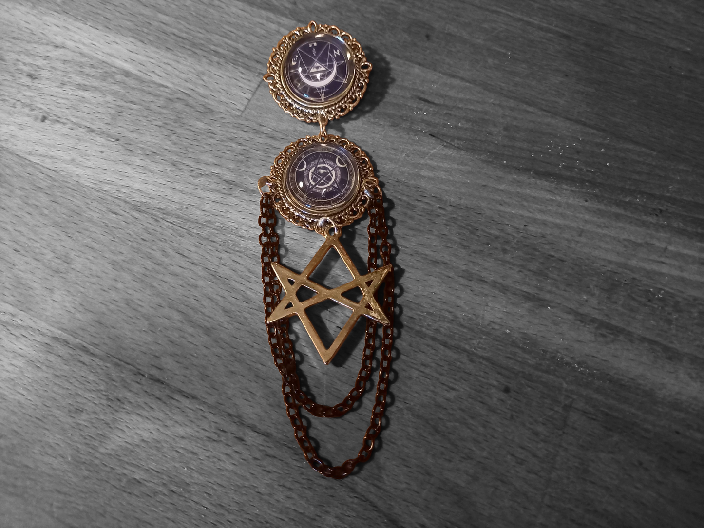 Goth Gothic Old School 1980's alternative " Nephilim inspired double image Ornate Brooch"  with chains and unicursal hexagram