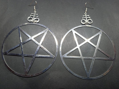 Goth Gothic Witchy "Oversized Inverted pentagram with Cross of Satan " earrings