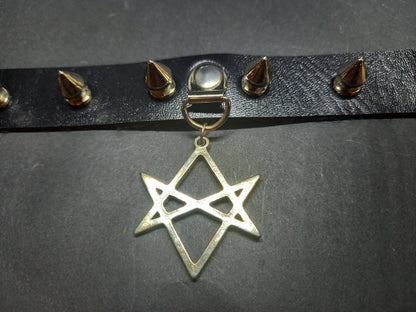 Goth Gothic Witchy fashion Occult satanic Pagan Wicca Black Faux Leather 10 spiked Collar with Unicursal Hexagram