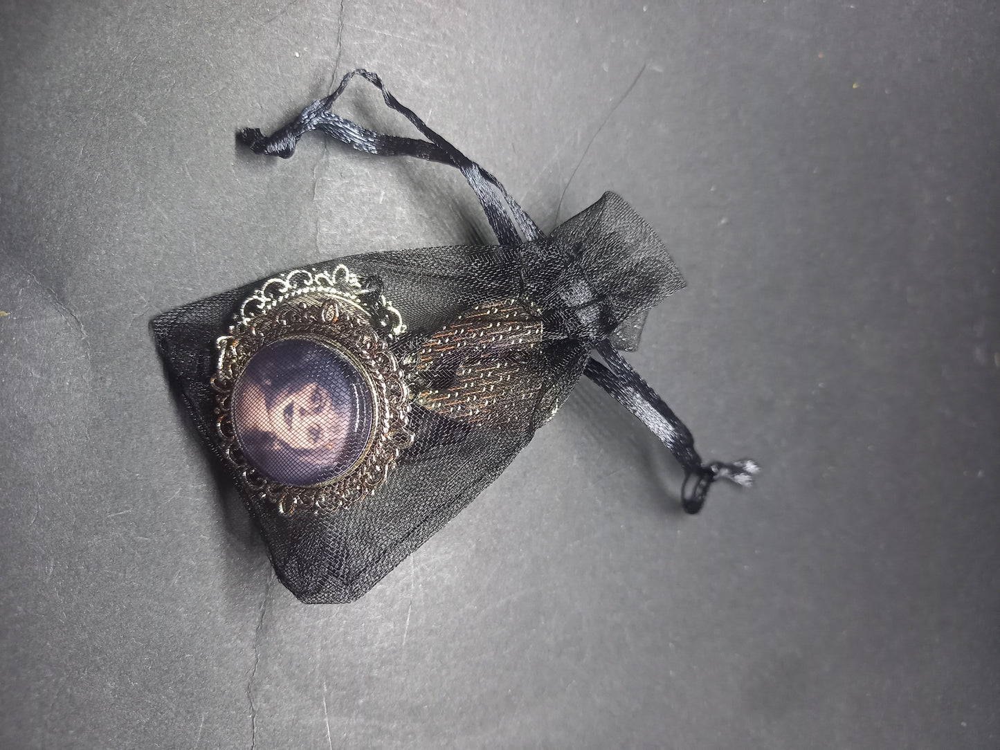 Oddity curiosity  gothic  witchy  Killstar occult " Annabelle inspired double image Ornate Brooch "with spirit board and ouija planchette & chains