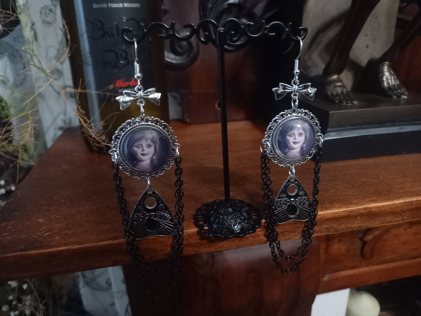 Oddity curiosity gothic witchy Killstar occult "Annabelle inspired  Doll image" deluxe Ornate earrings "with Bow and ouija planchette & chains