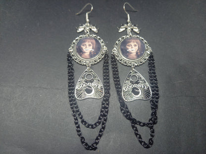 Oddity curiosity gothic witchy Killstar occult "Annabelle inspired  Doll image" deluxe Ornate earrings "with Bow and ouija planchette & chains