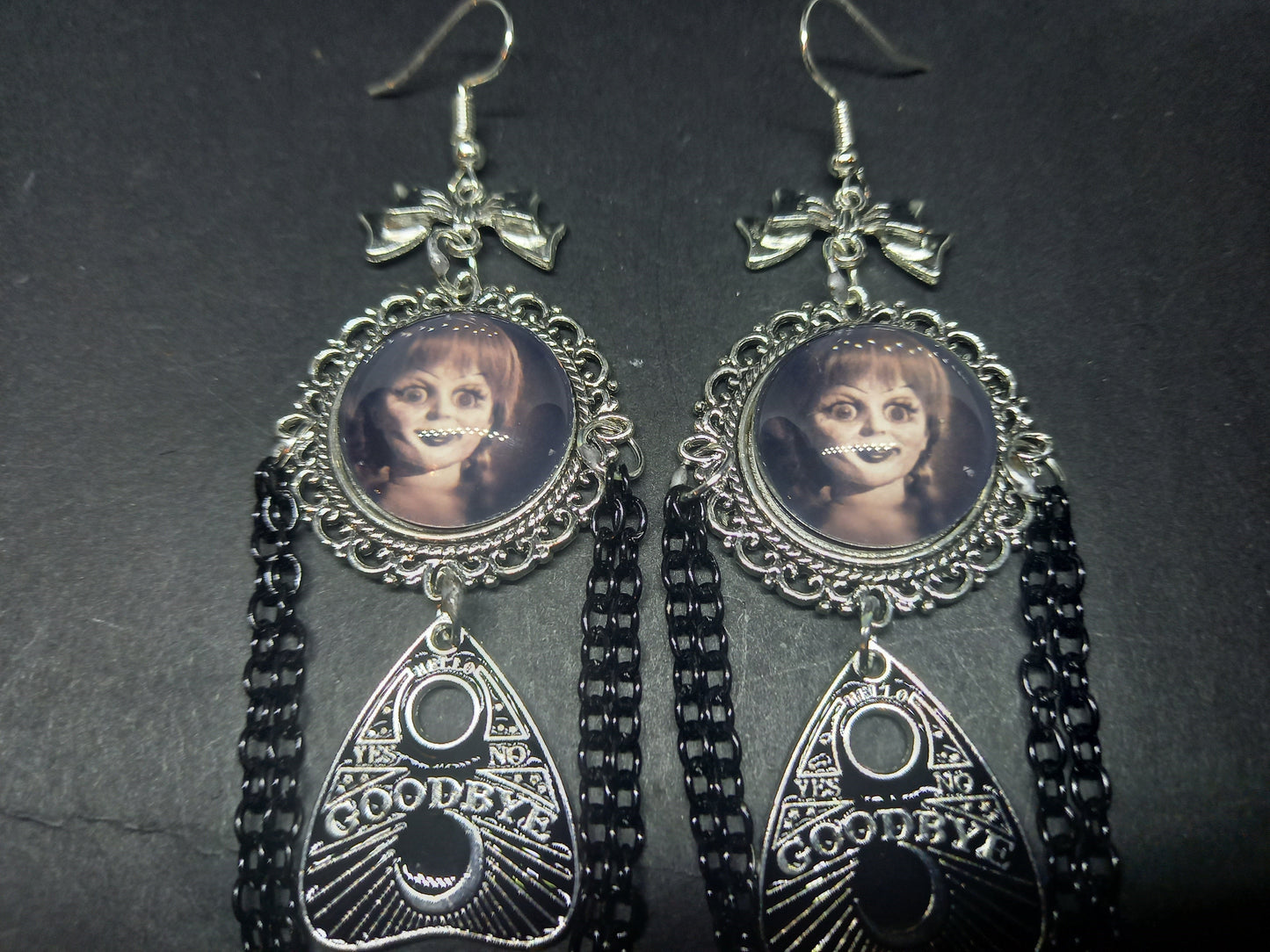Oddity curiosity gothic witchy Killstar occult "Annabelle inspired  Doll image" deluxe Ornate earrings "with Bow and ouija planchette & chains