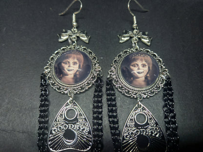 Oddity curiosity gothic witchy Killstar occult "Annabelle inspired  Doll image" deluxe Ornate earrings "with Bow and ouija planchette & chains