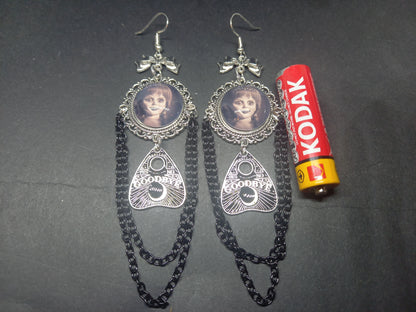 Oddity curiosity gothic witchy Killstar occult "Annabelle inspired  Doll image" deluxe Ornate earrings "with Bow and ouija planchette & chains