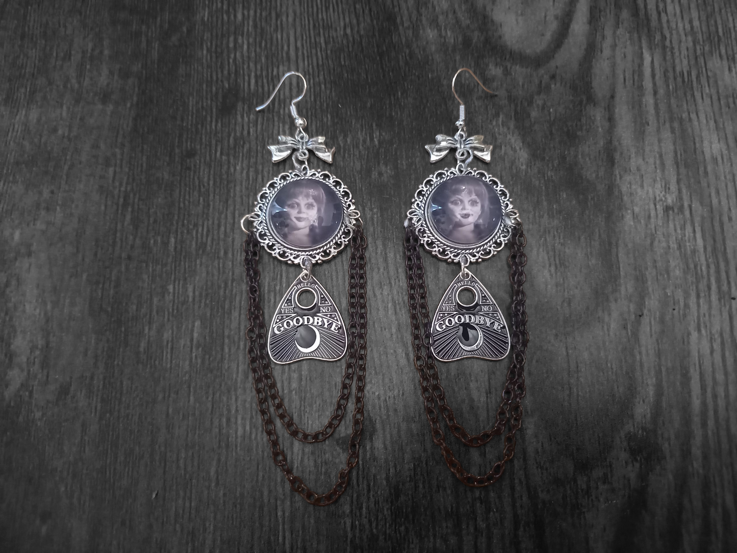 Oddity curiosity gothic witchy Killstar occult "Annabelle inspired  Doll image" deluxe Ornate earrings "with Bow and ouija planchette & chains