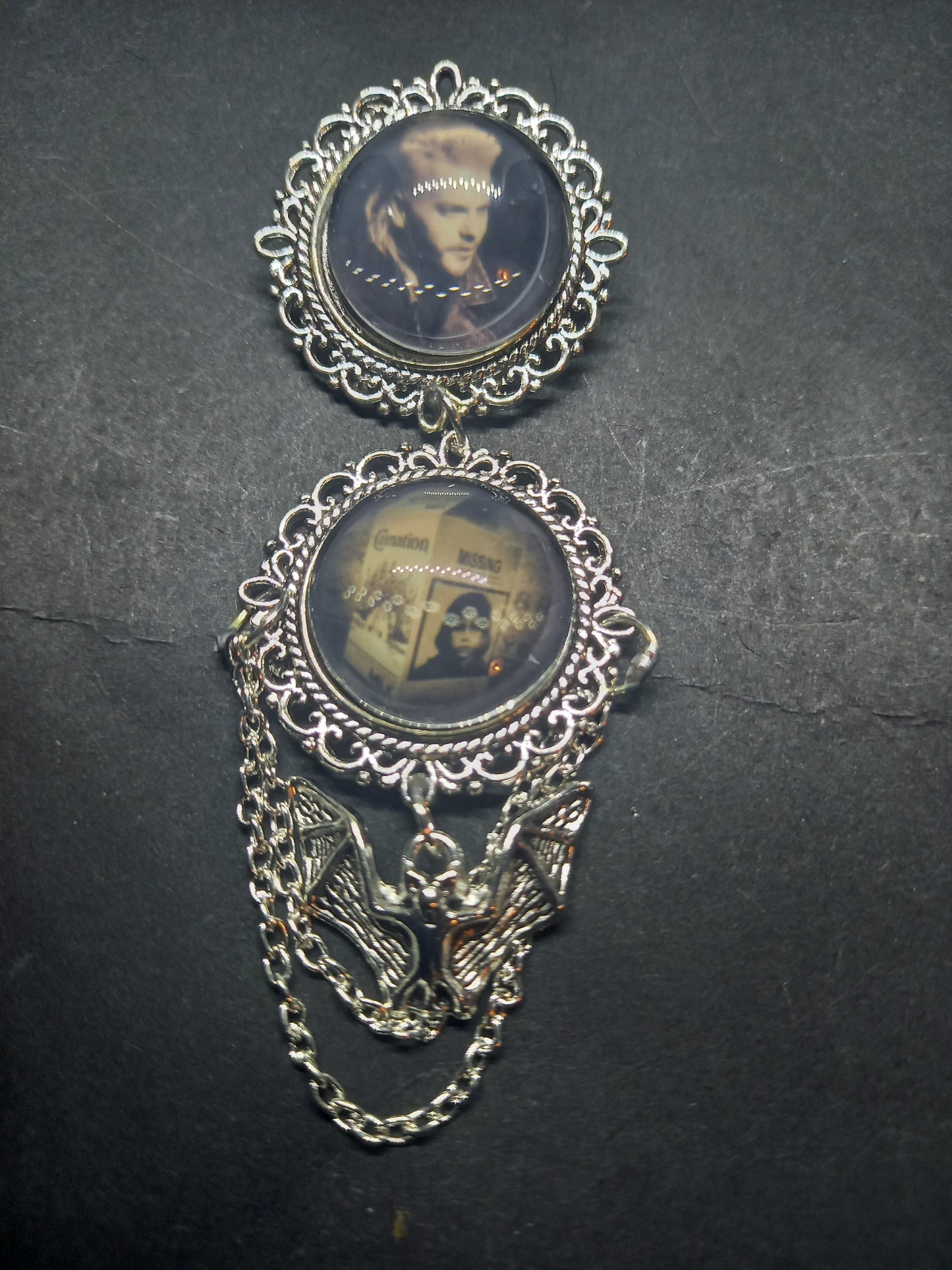 Oddity curiosity gothic witchy Killstar Horror Vampire "The lost Boys" double image ornate brooch with bat & chains