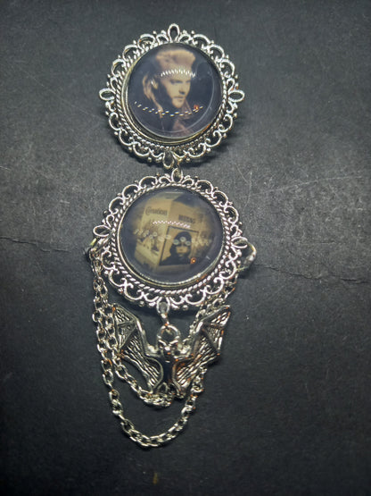 Oddity curiosity gothic witchy Killstar Horror Vampire "The lost Boys" double image ornate brooch with bat & chains