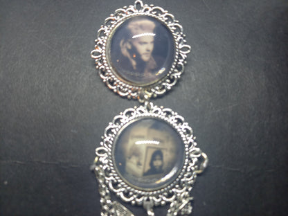 Oddity curiosity gothic witchy Killstar Horror Vampire "The lost Boys" double image ornate brooch with bat & chains