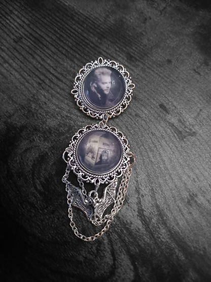 Oddity curiosity gothic witchy Killstar Horror Vampire "The lost Boys" double image ornate brooch with bat & chains