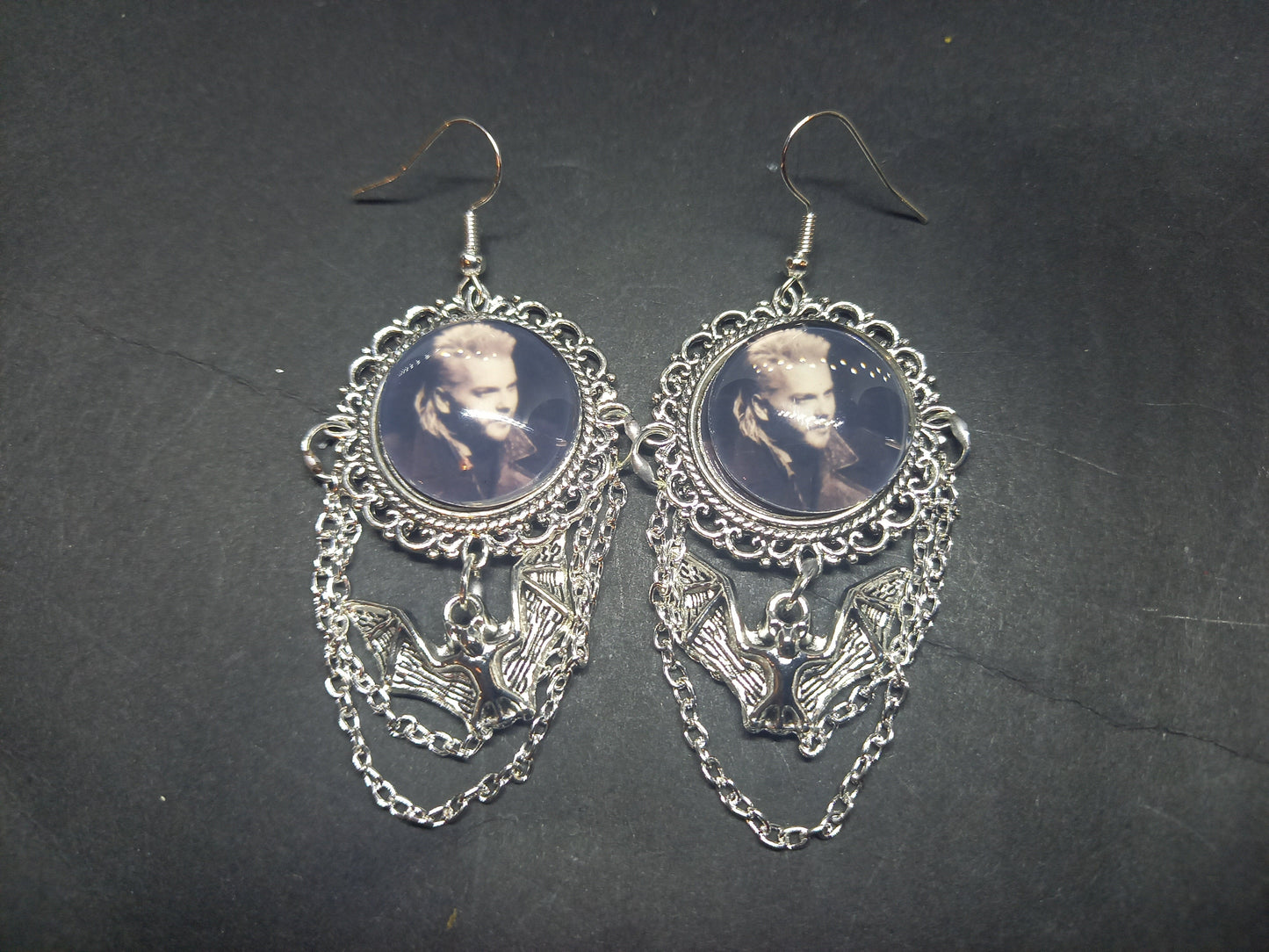 Oddity curiosity gothic witchy Killstar Horror Vampire "The lost Boys" ornate earrings with bat & chains