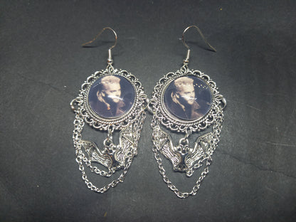 Oddity curiosity gothic witchy Killstar Horror Vampire "The lost Boys" ornate earrings with bat & chains