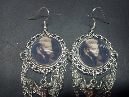 Oddity curiosity gothic witchy Killstar Horror Vampire "The lost Boys" ornate earrings with bat & chains
